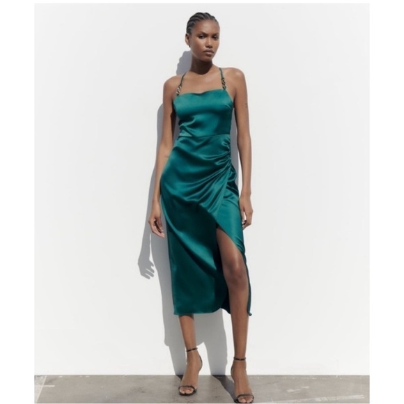 Zara Green Satin Slip Dress With Chain Detail Size XS NWT - Picture 1 of 12